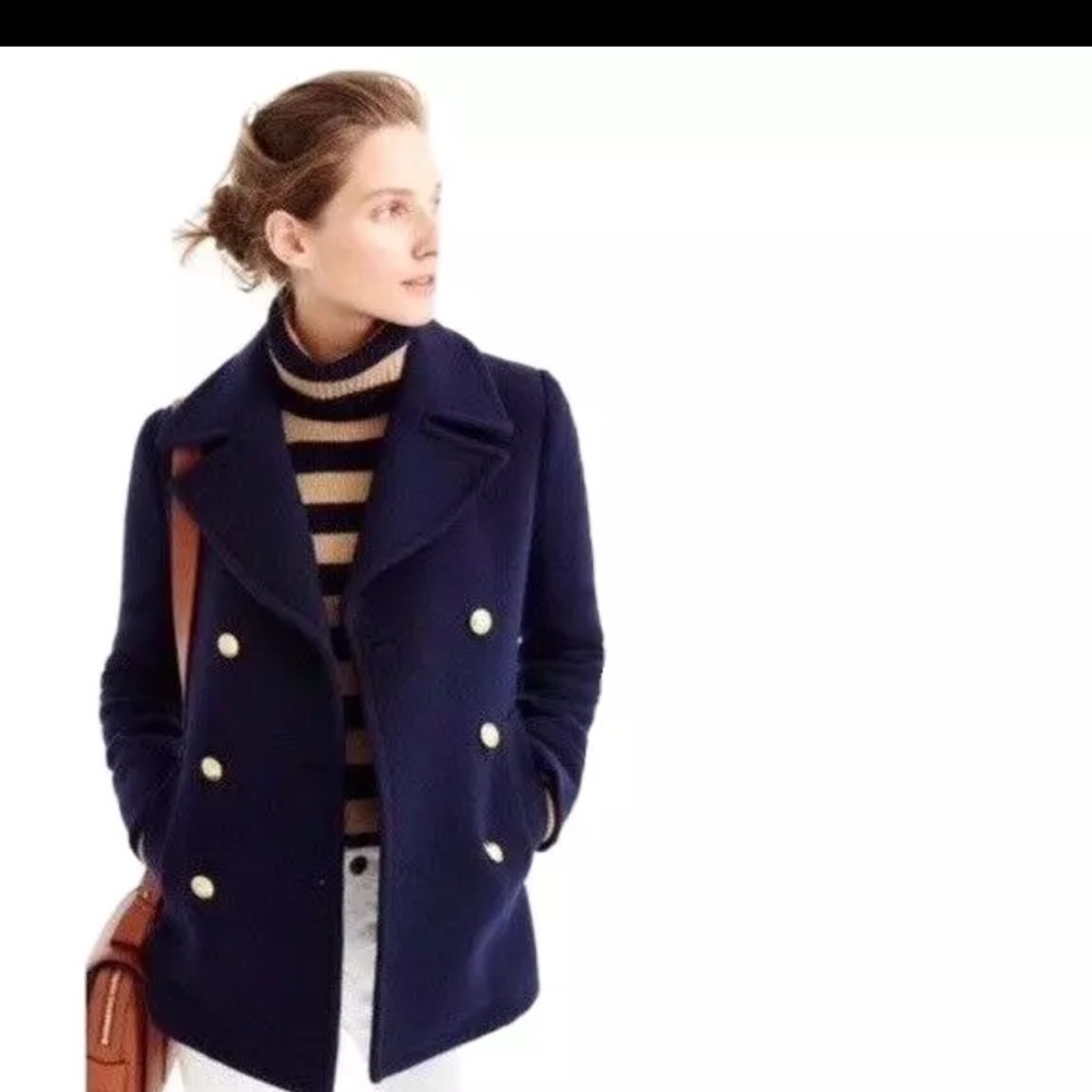 J. Crew Women Sz 0 Stadium Cloth by Nello Gori Wool Classic Pea Coat Navy Blue